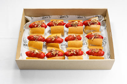 Mini Plain Hot Dogs with fried onions and tomato sauce (12 pieces)